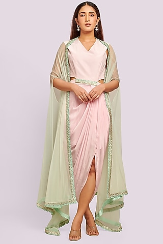Light Pink Crepe Dress With Cape  by Blue Lotus