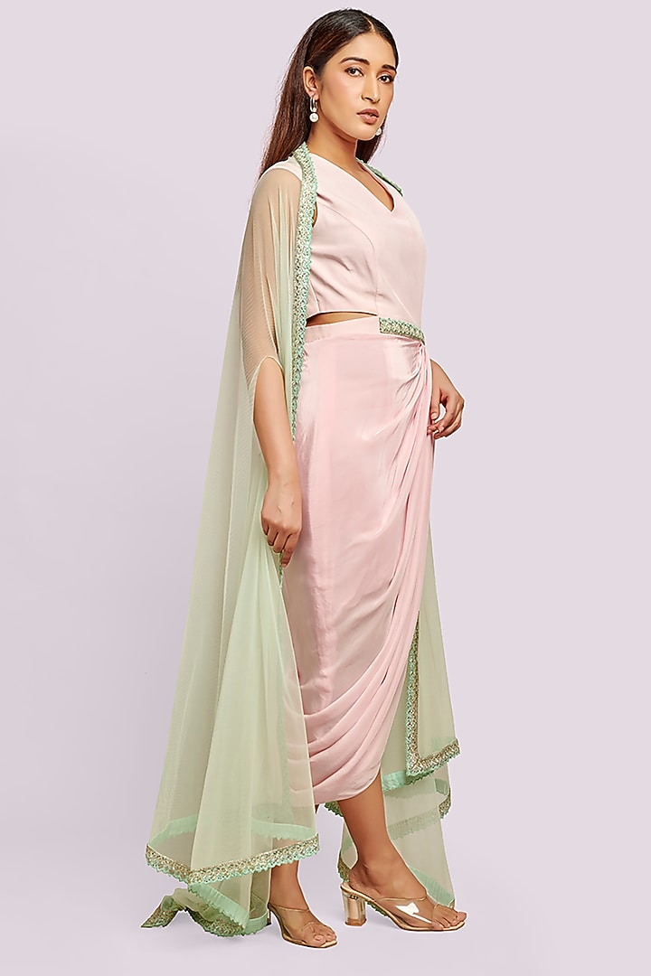 Light Pink Crepe Vacation Dress With Cape  by Blue Lotus at Pernia's Pop Up Shop