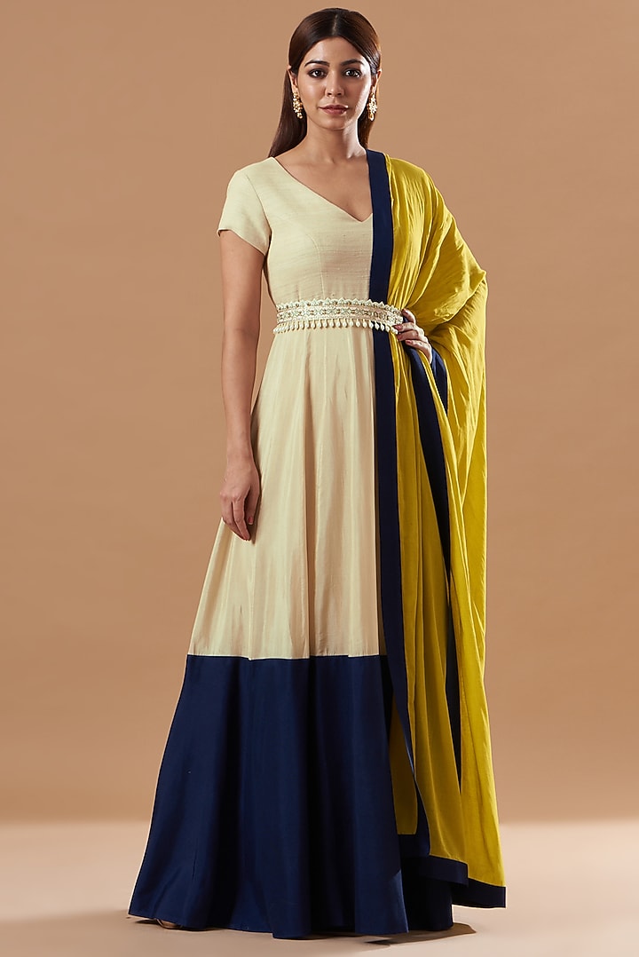 Beige & Blue Cotton Party Wear Anarkali Set by Blue Lotus at Pernia's Pop Up Shop