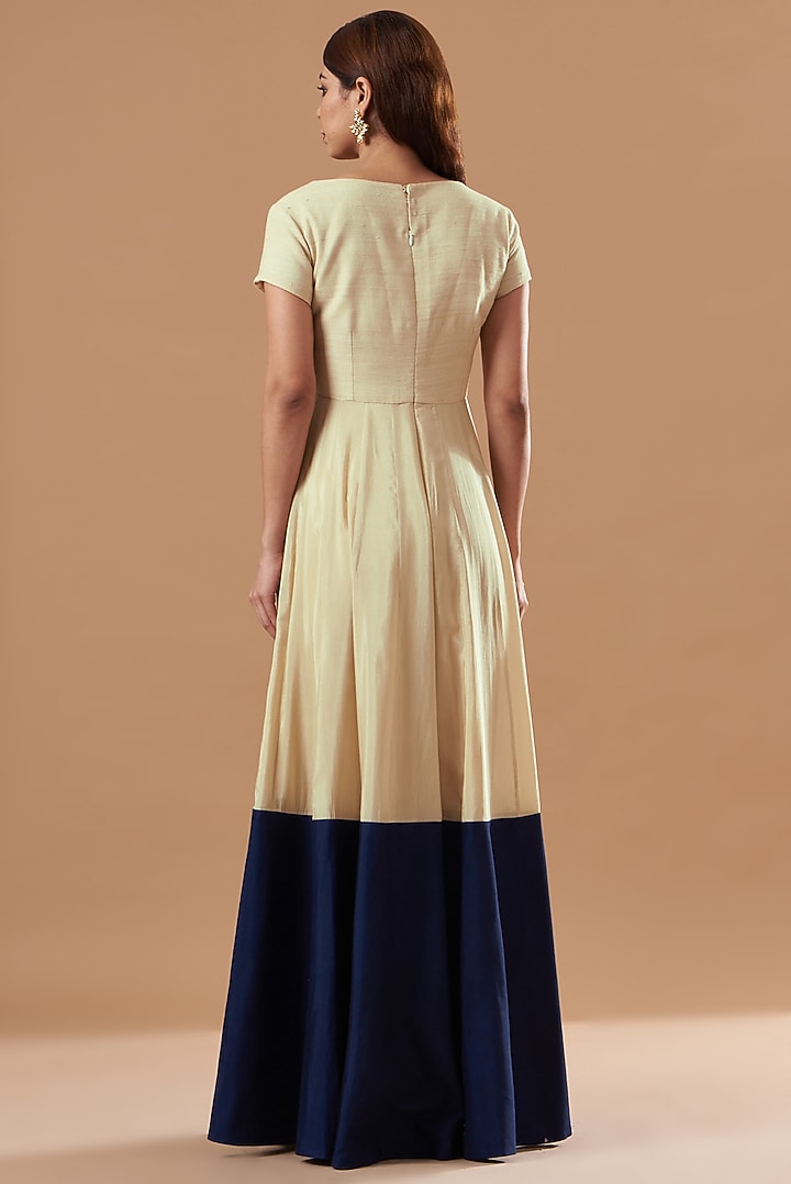 Beige & Blue Cotton Party Wear Anarkali Set by Blue Lotus at Pernia's Pop Up Shop