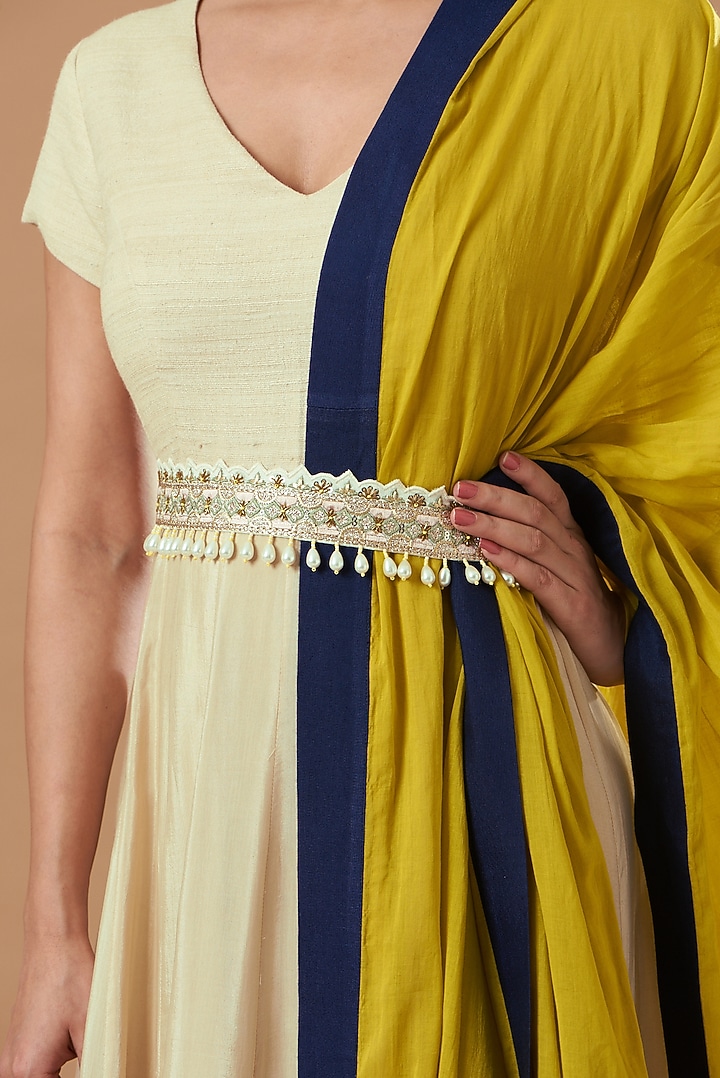 Beige & Blue Cotton Party Wear Anarkali Set by Blue Lotus at Pernia's Pop Up Shop