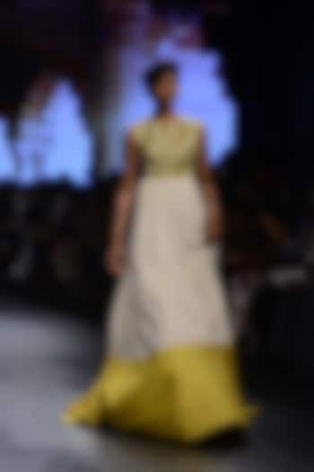White and Mustard Yellow Embroidered Flared Gown by Blue Lotus