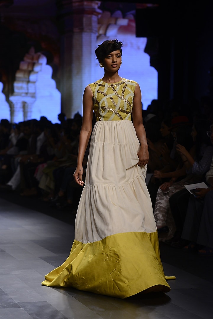 White and Mustard Yellow Embroidered Flared Gown by Blue Lotus