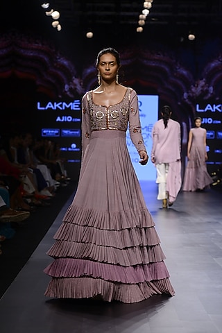 Lavender Floral Embroidered Frill Gown by Blue Lotus