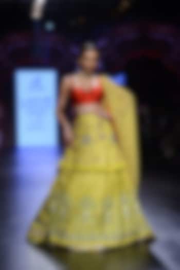 Mustard Yellow and Red Floral Embroidered Lehenga Set by Blue Lotus