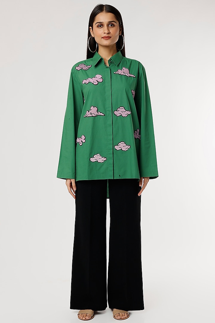 Emerald Green Cotton Embroidered Shirt by Dhruv Kapoor