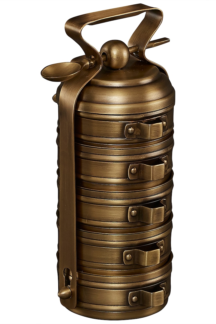 Gold Brassware Cylinder Tiffin & Spoon by Ritu Kumar Home