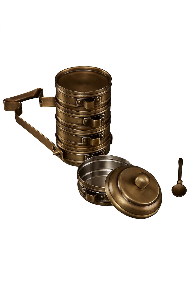 Gold Brassware Cylinder Tiffin & Spoon by Ritu Kumar Home at Pernia's Pop Up Shop