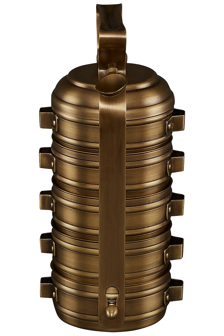Gold Brassware Cylinder Tiffin & Spoon by Ritu Kumar Home at Pernia's Pop Up Shop