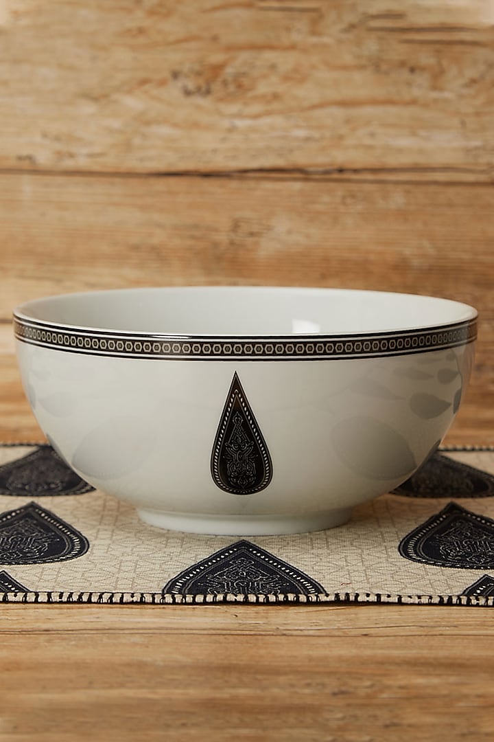Black & White Awadh Porcelain Round Serving Bowl (S) by Ritu Kumar Home