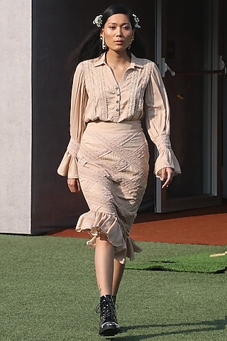Beige Ruffled Midi Skirt by DOOR OF MAAI