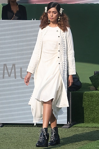 White Embroidered Drape Dress by DOOR OF MAAI