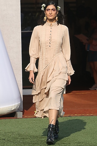 Beige Embroidered Ruffled Maxi Dress by DOOR OF MAAI