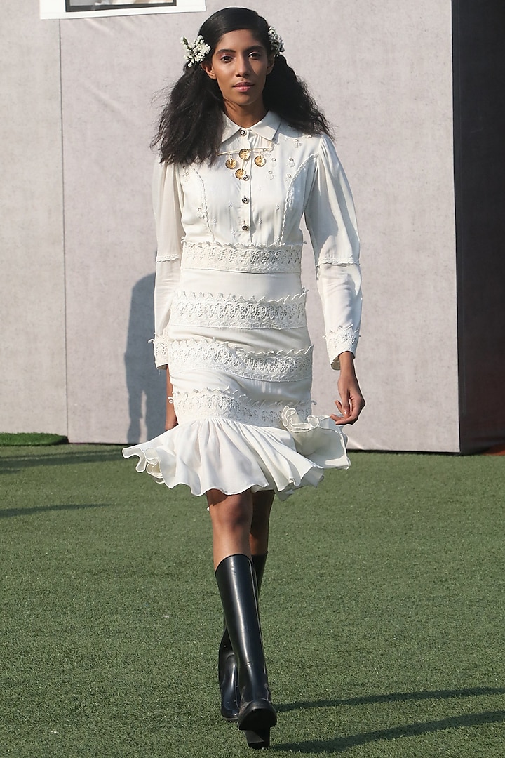 White Embroidered Ruffled Collared Dress by DOOR OF MAAI