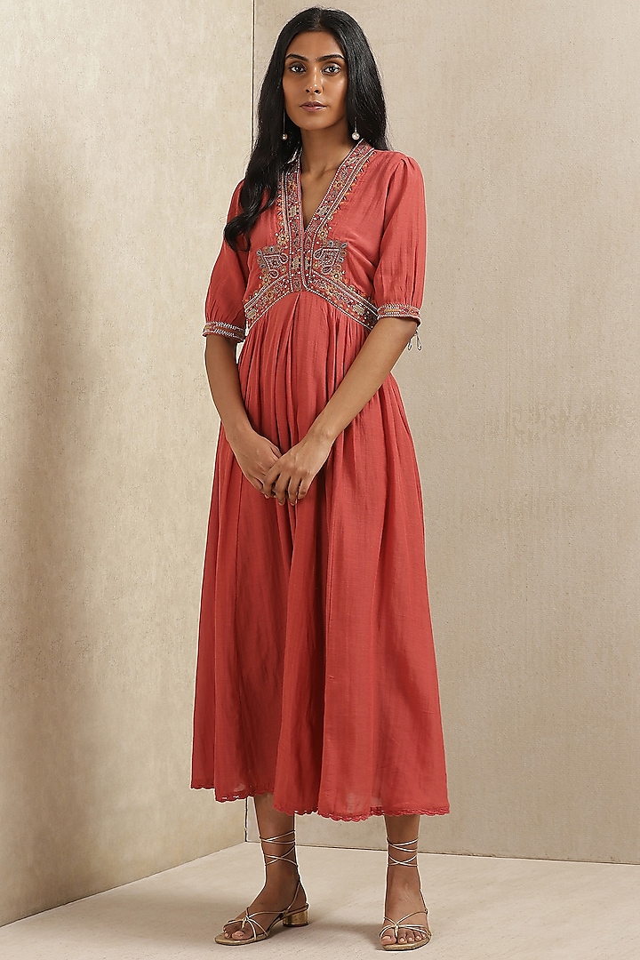 Pale Red Embroidered Flared Maxi Dress by Ritu Kumar