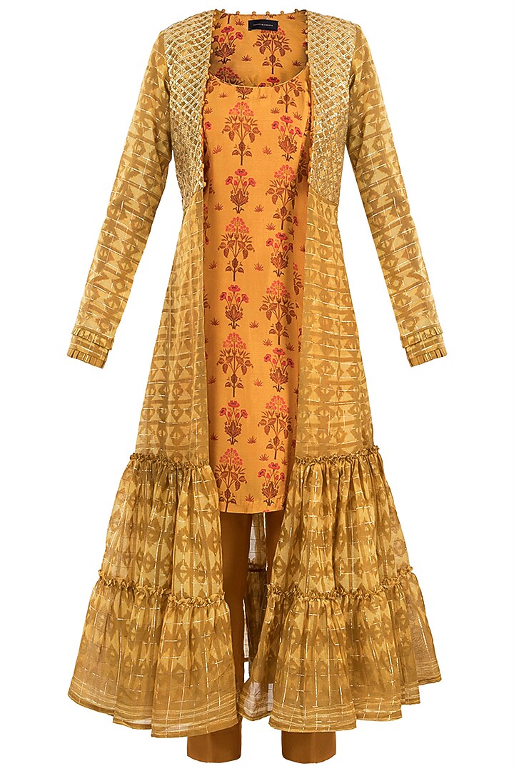 Mustard Embroidered Printed Slip Top With Pants & Jacket by Drishti & Zahabia at Pernia's Pop Up Shop