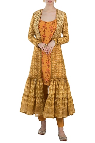 Mustard Embroidered Printed Slip Top With Pants & Jacket by Drishti & Zahabia