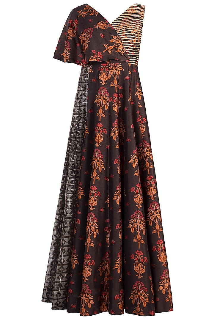 Brown Embroidered Printed Cape Dress by Drishti & Zahabia