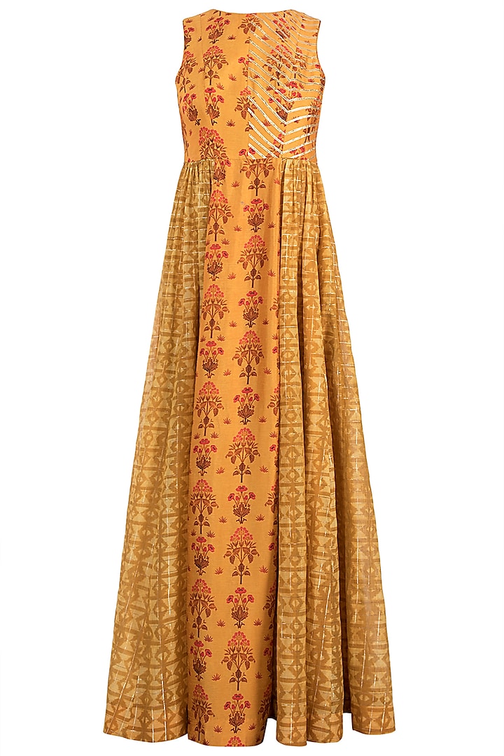 Mustard Embroidered Printed Gathered Maxi Dress by Drishti & Zahabia