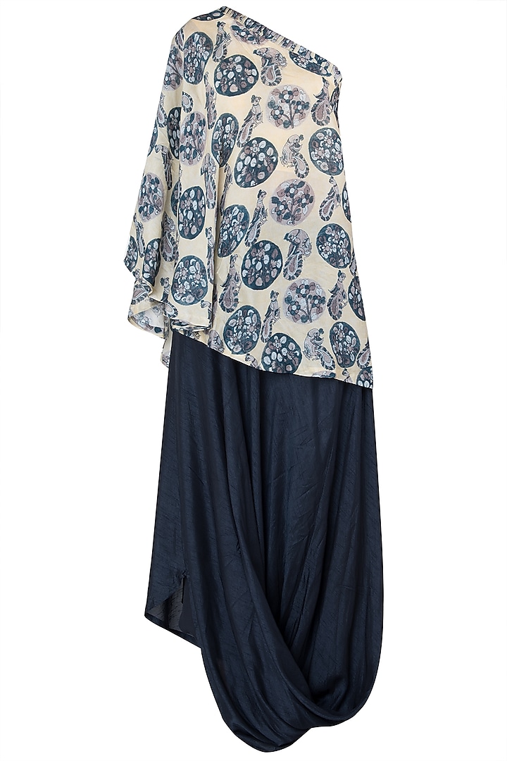Blue and Off White One Shoulder Tunic with Cowl Skirt by Drishti & Zahabia