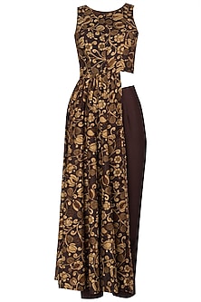 Brown printed asymmetrical tunic with pleated pants available only at ...