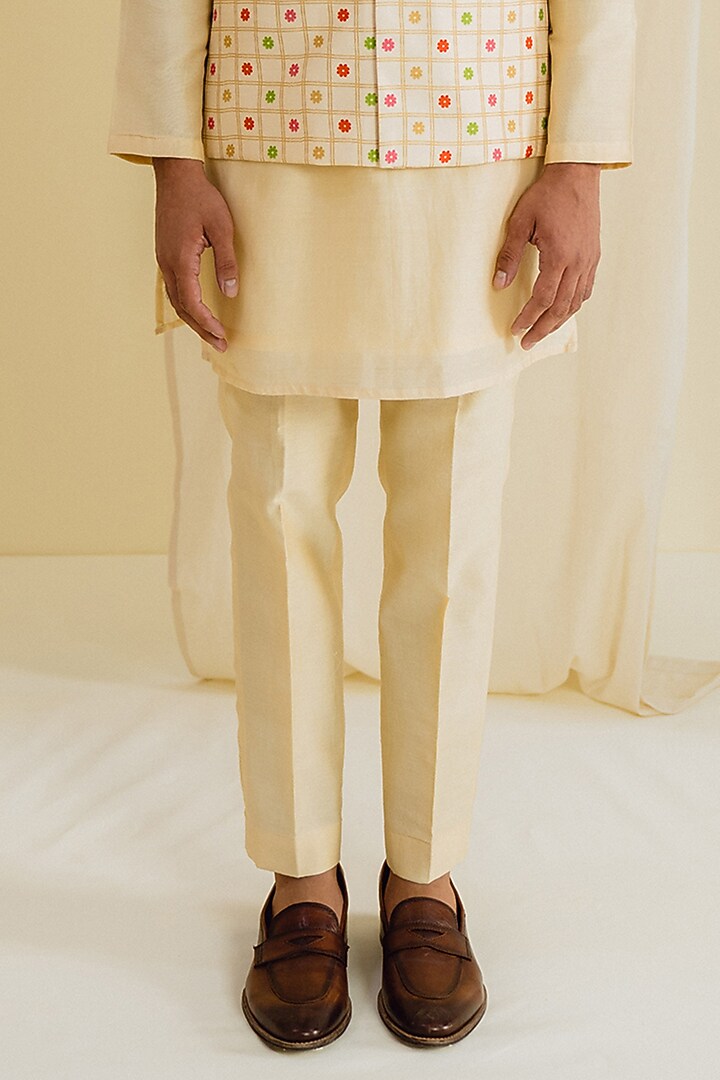 Cream Dupion Silk Digital Printed Bundi Jacket Set by Drishti & Zahabia Mens at Pernia's Pop Up Shop