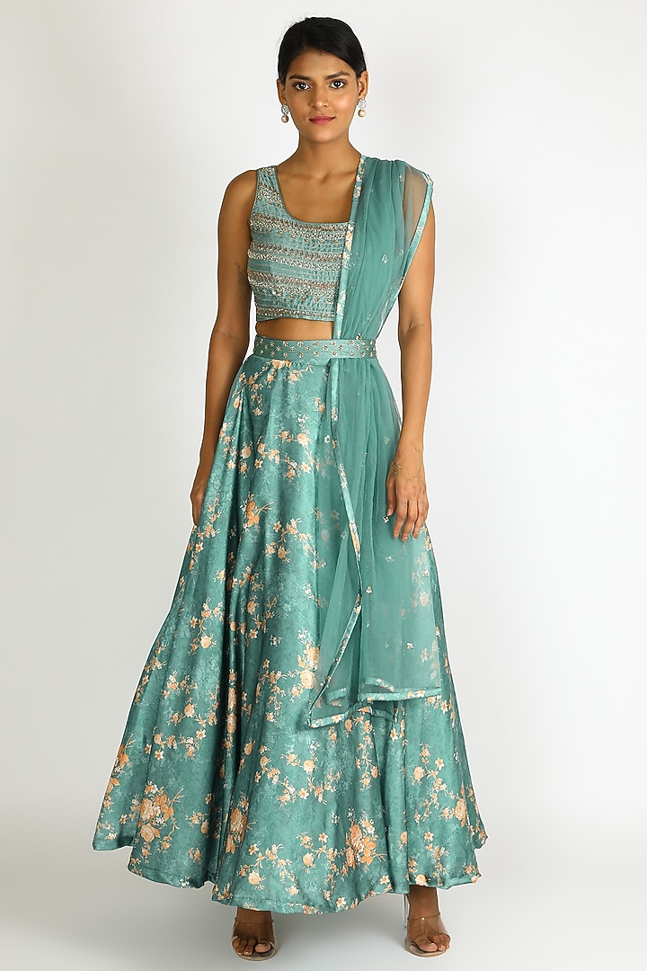 Jade Green Embroidered Lehenga Set by Dhara Shah Studio at Pernia's Pop Up Shop