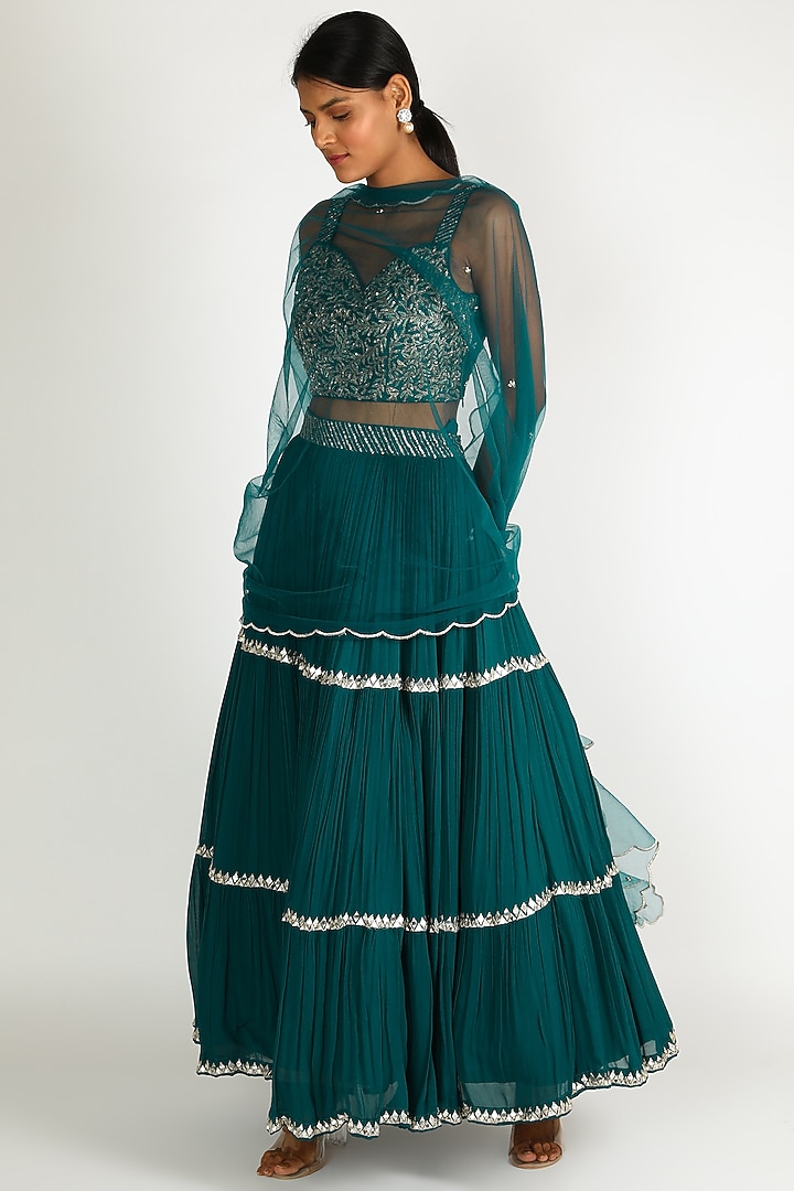 Turquoise Embroidered Wedding Lehenga Set by Dhara Shah Studio at Pernia's Pop Up Shop