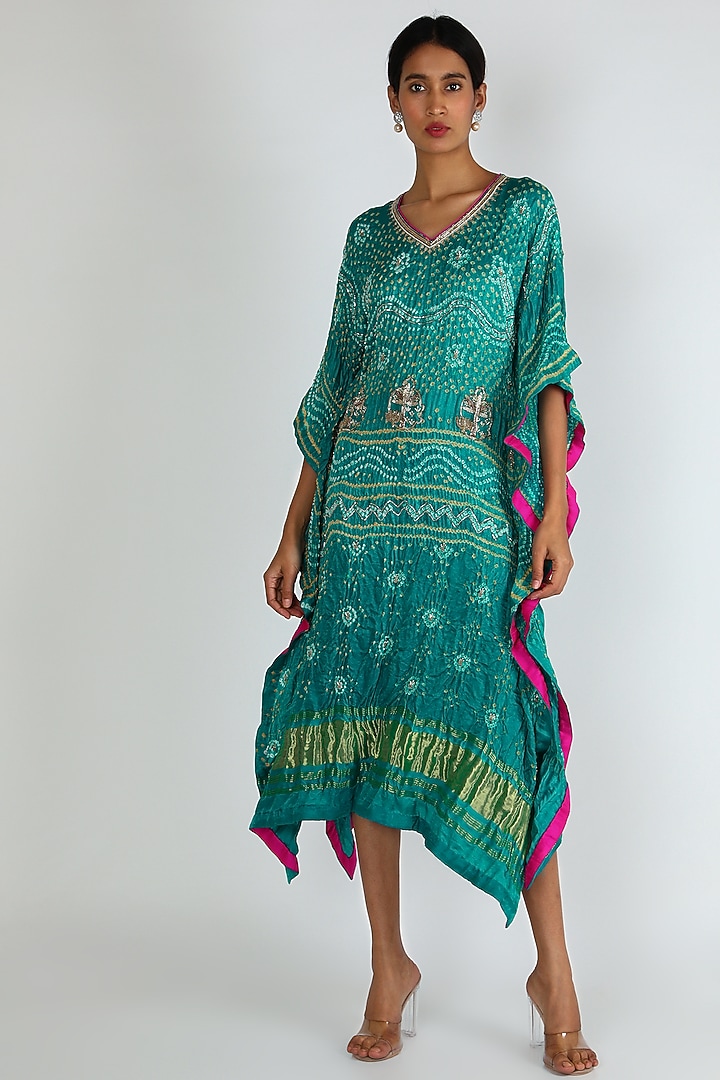 Peacock Blue Embroidered Kaftan by Dhara Shah Studio at Pernia's Pop Up Shop