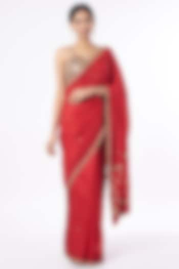 Cadium Red Silk Zardosi Tilla Embroidered Handcrafted Saree Set by Dhara Shah Studio at Pernia's Pop Up Shop