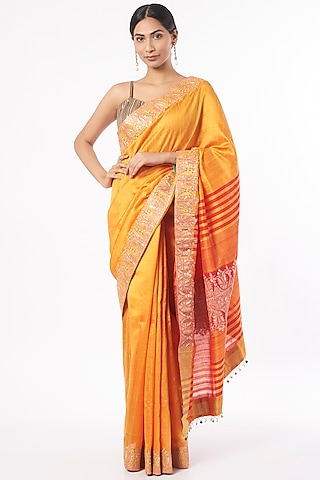 Citrus Yellow Raw Silk Zardosi Tilla Embroidered Saree Set by Dhara Shah Studio