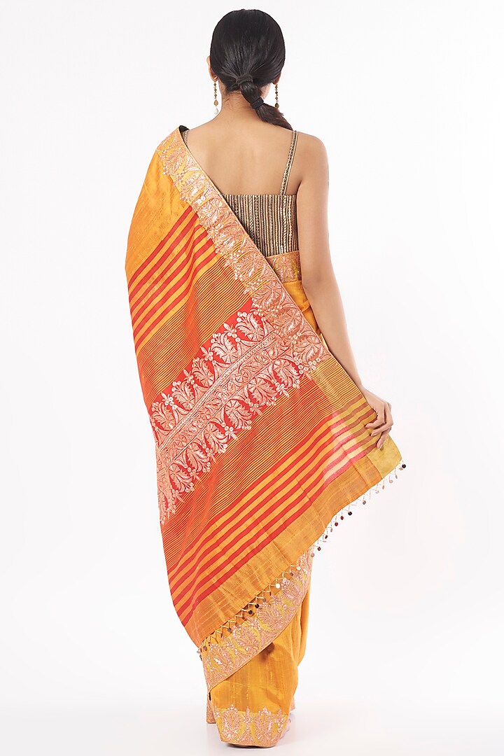 Citrus Yellow Raw Silk Zardosi Tilla Embroidered Reception Saree Set by Dhara Shah Studio at Pernia's Pop Up Shop