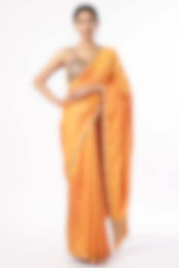 Orange Silk Zardosi Embroidered Handcrafted Saree Set by Dhara Shah Studio at Pernia's Pop Up Shop