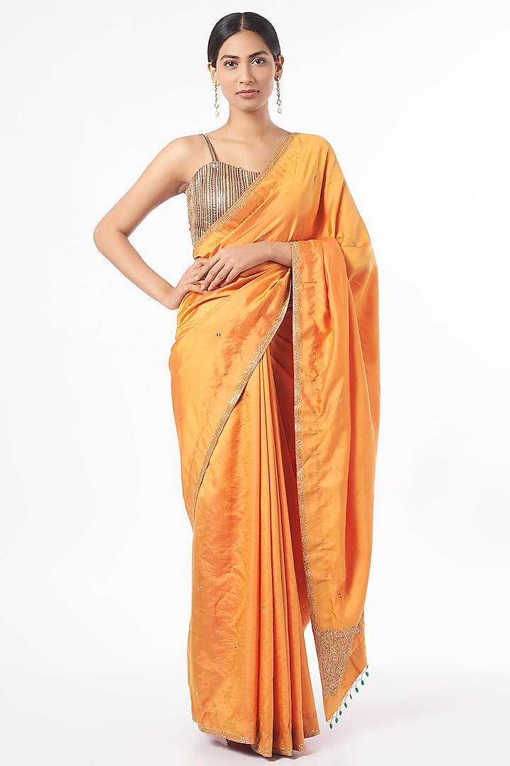 Orange Silk Zardosi Embroidered Handcrafted Saree Set by Dhara Shah Studio