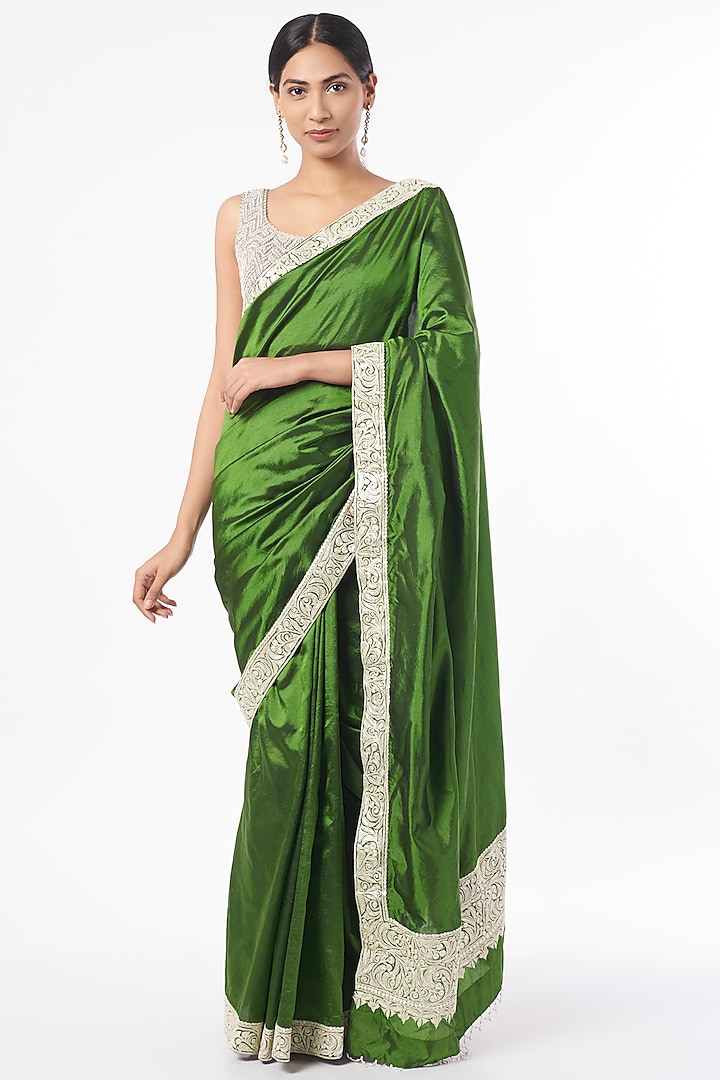 Mehendi Green Silk Zardosi Tilla Embroidered Saree Set by Dhara Shah Studio