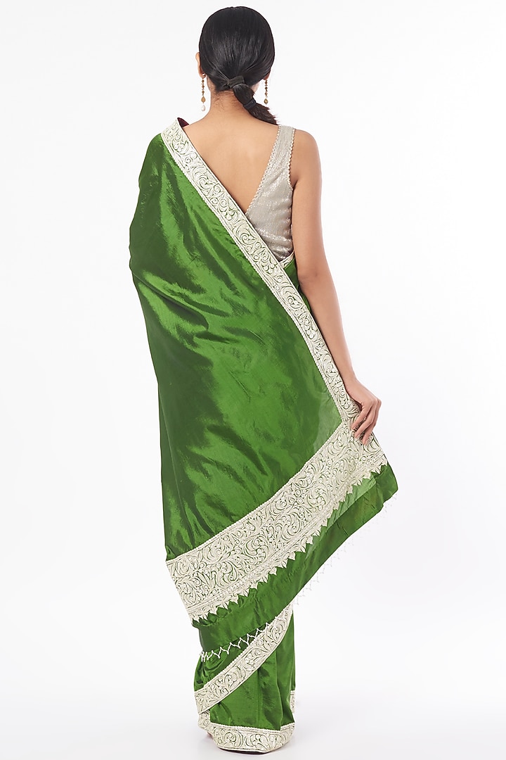 Mehendi Green Silk Zardosi Tilla Embroidered Reception Saree Set by Dhara Shah Studio at Pernia's Pop Up Shop