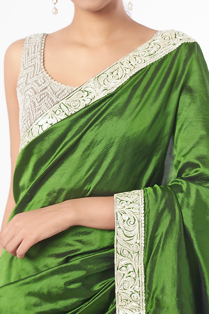 Mehendi Green Silk Zardosi Tilla Embroidered Reception Saree Set by Dhara Shah Studio at Pernia's Pop Up Shop