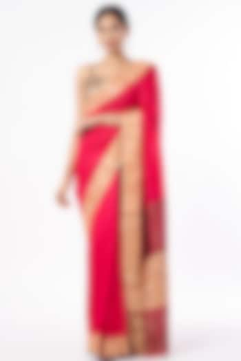 Clear Red Embroidered Saree Set by Dhara Shah Studio
