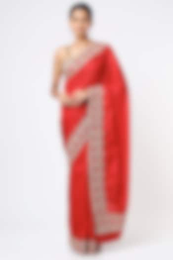 Red Embroidered Handcrafted Saree Set by Dhara Shah Studio