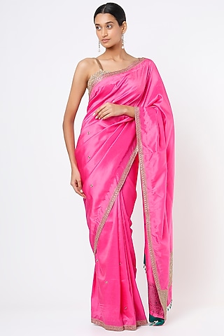 Fuchsia Embroidered Handcrafted Saree Set by Dhara Shah Studio