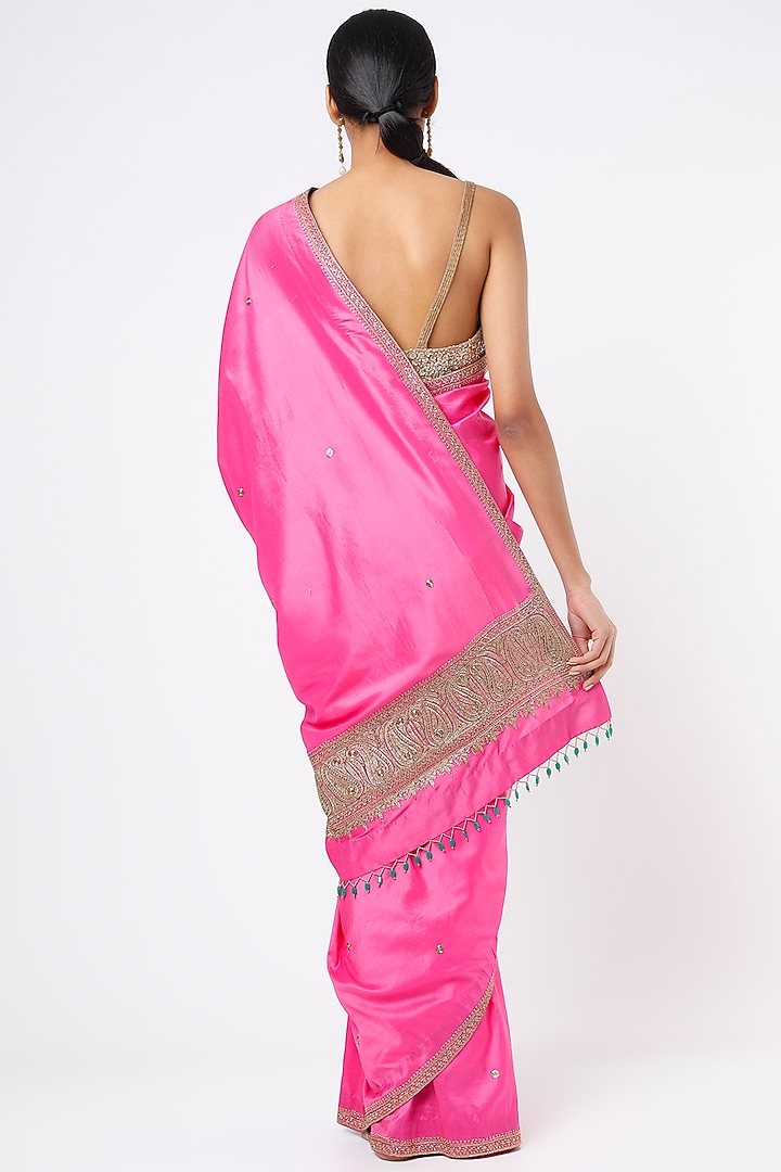 Fuchsia Embroidered Handcrafted Reception Saree Set by Dhara Shah Studio at Pernia's Pop Up Shop