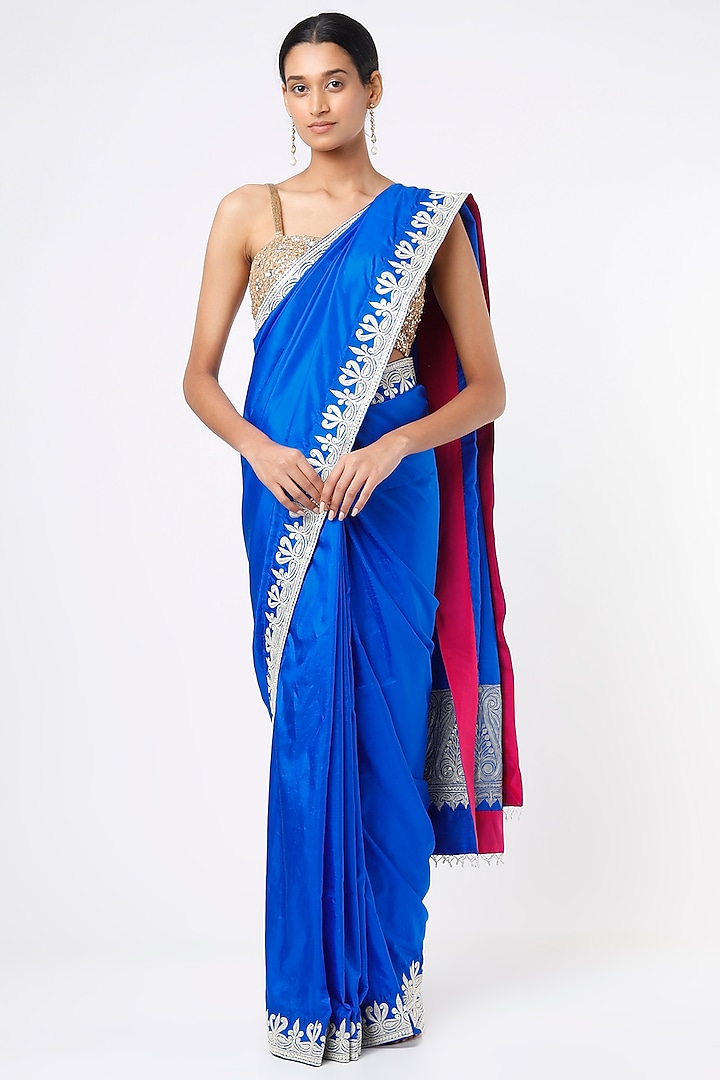 Cobalt Blue Embroidered Handcrafted Saree Set by Dhara Shah Studio
