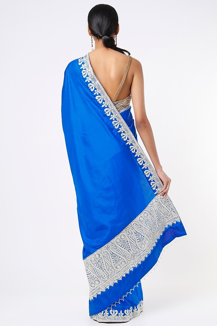 Cobalt Blue Embroidered Handcrafted Reception Saree Set by Dhara Shah Studio at Pernia's Pop Up Shop