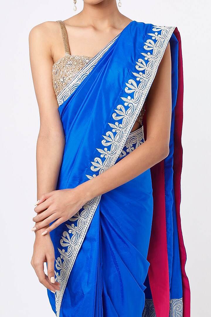 Cobalt Blue Embroidered Handcrafted Reception Saree Set by Dhara Shah Studio at Pernia's Pop Up Shop