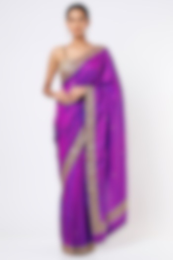 Purple Embroidered Handcrafted Saree Set by Dhara Shah Studio