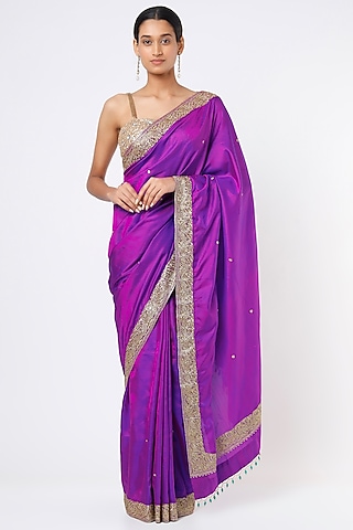 Purple Embroidered Handcrafted Saree Set by Dhara Shah Studio