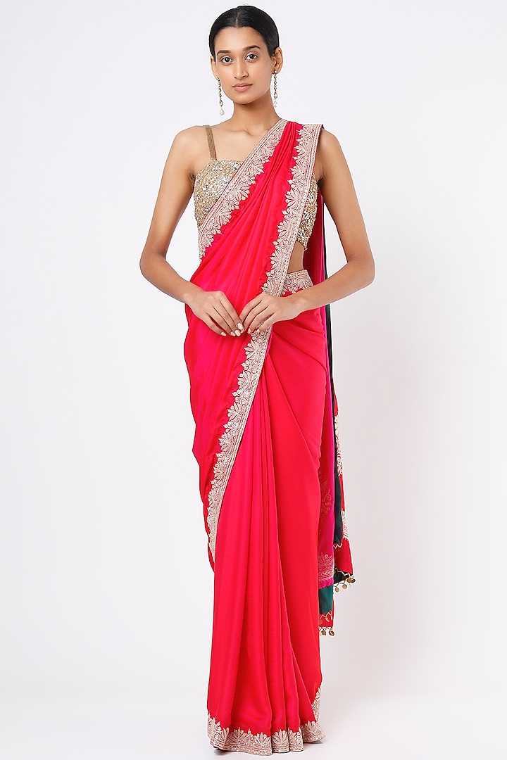 Cherry Red Embroidered Handcrafted Saree Set by Dhara Shah Studio