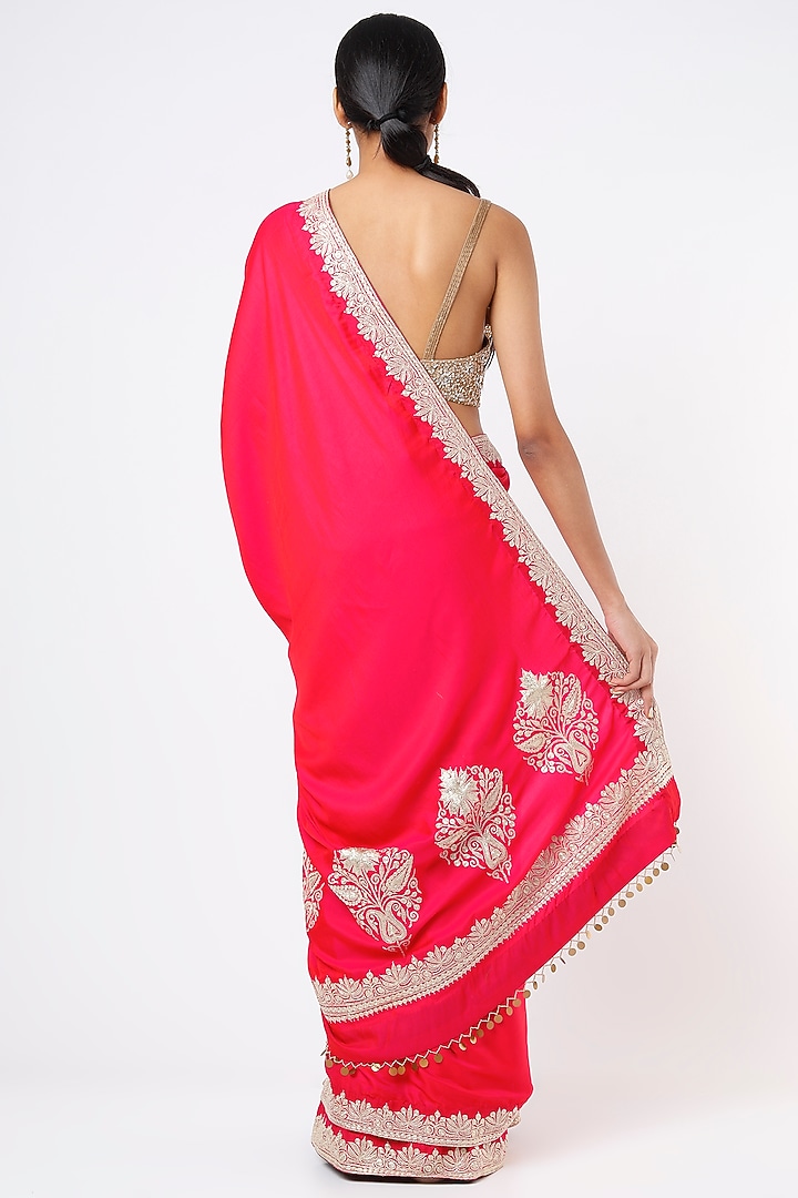 Cherry Red Embroidered Handcrafted Reception Saree Set by Dhara Shah Studio at Pernia's Pop Up Shop