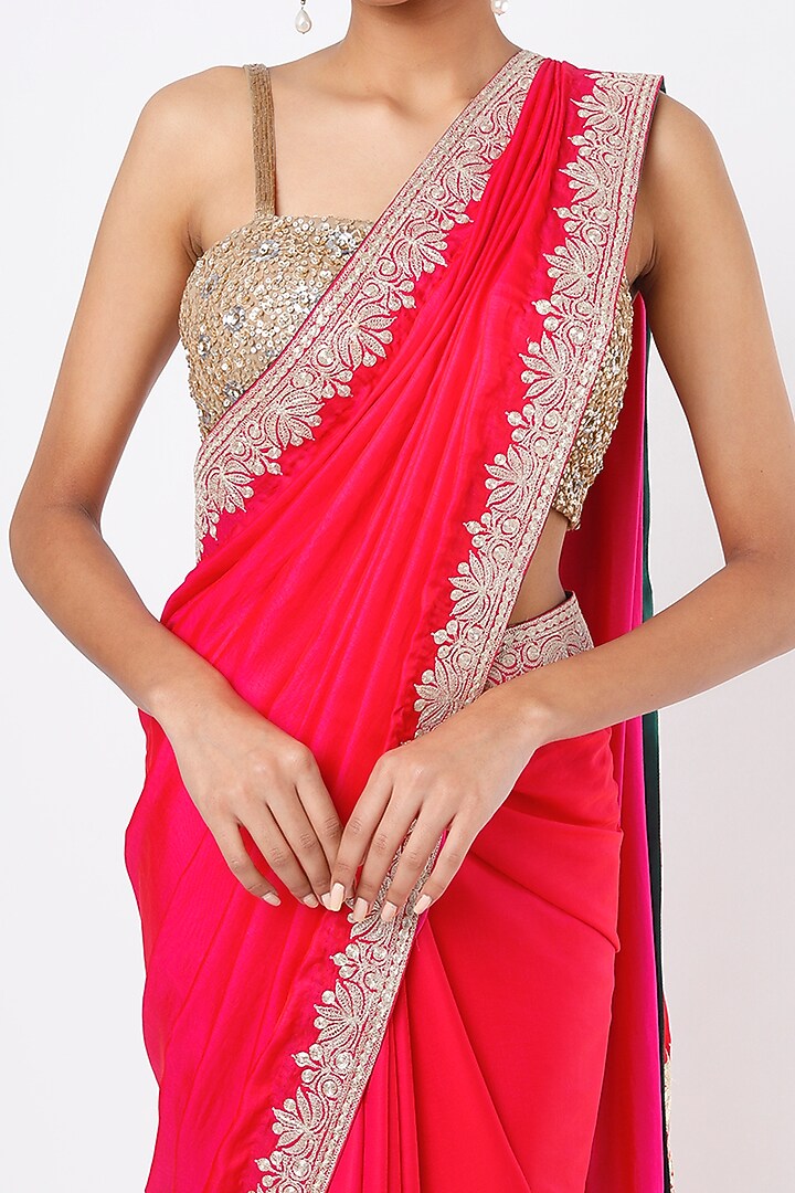 Cherry Red Embroidered Handcrafted Reception Saree Set by Dhara Shah Studio at Pernia's Pop Up Shop