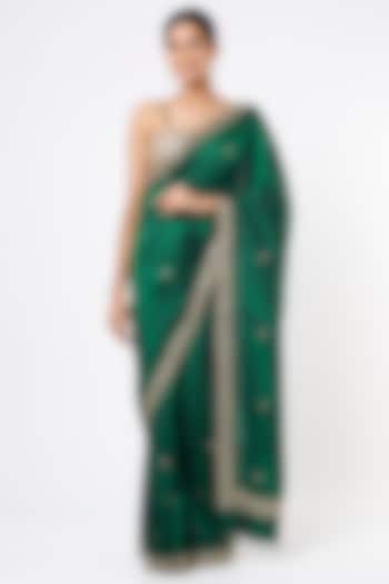 Emerald Green Embroidered Handcrafted Saree Set by Dhara Shah Studio